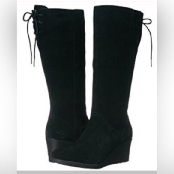 UGG DAWNA  Black Suede Wedge BOOTS WITH TASSELS SIZE 8  NEW - Picture 1 of 10